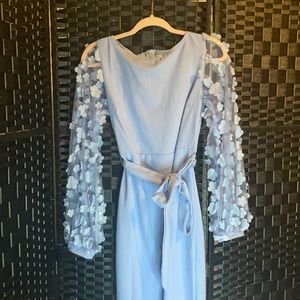 Brand new, never worn, baby blue midi dress with flower detail long sleeves